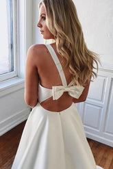 Simple Satin Minimalist Wedding Dresses V Neck Sleeveless with Pockets Bow - MyChicDress